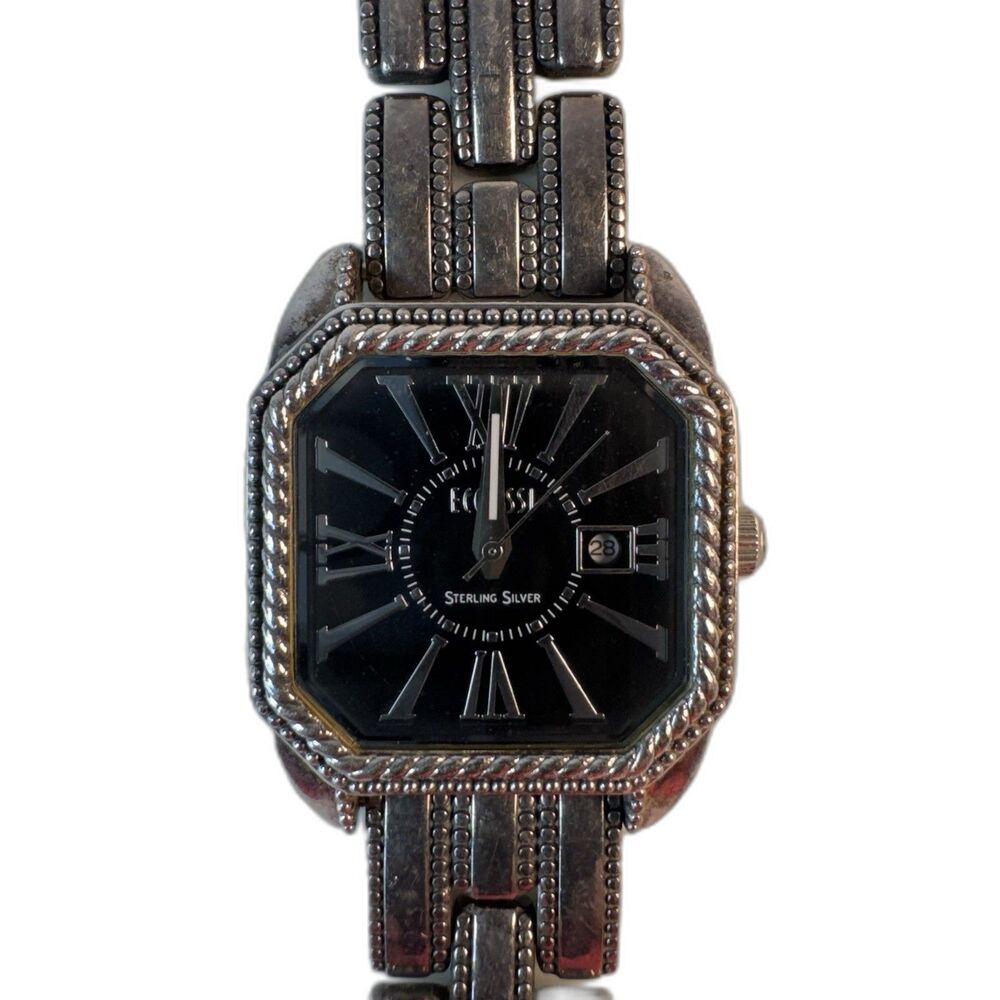 Vintage Ecclissi Womens Sterling Silver 925 Watch Heavy Beaded Link Black Dial